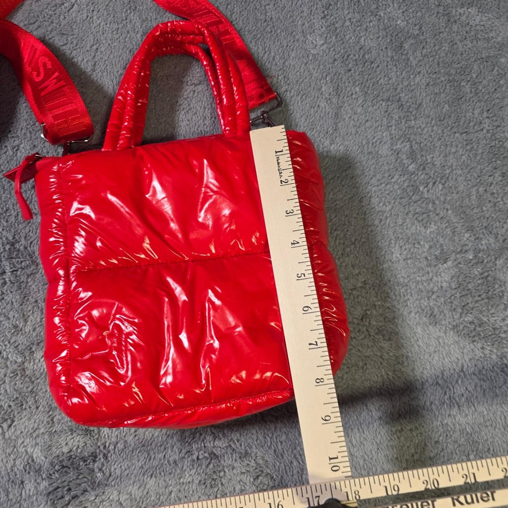H&M Womens Small Puffer Crossbody Bag Red Glossy Quilted Detachable Strap - Picture 3 of 8